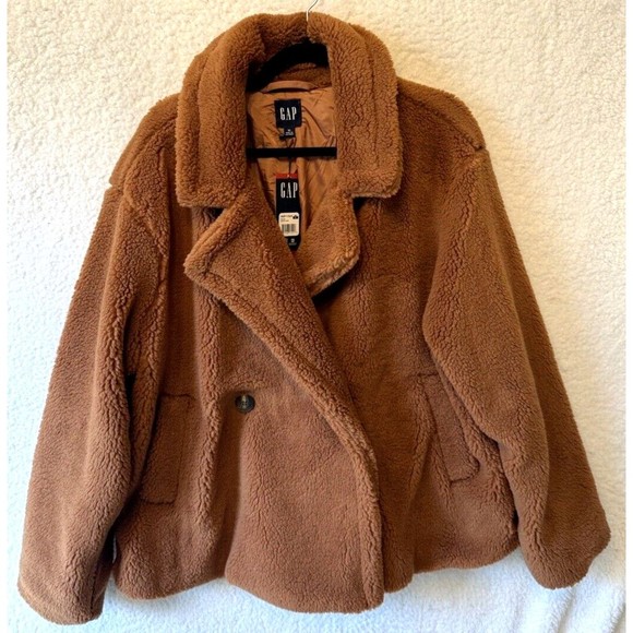 GAP Ladies Sherpa Jacket Brown X Large XL Button Closure Pockets Lined - Picture 2 of 14
